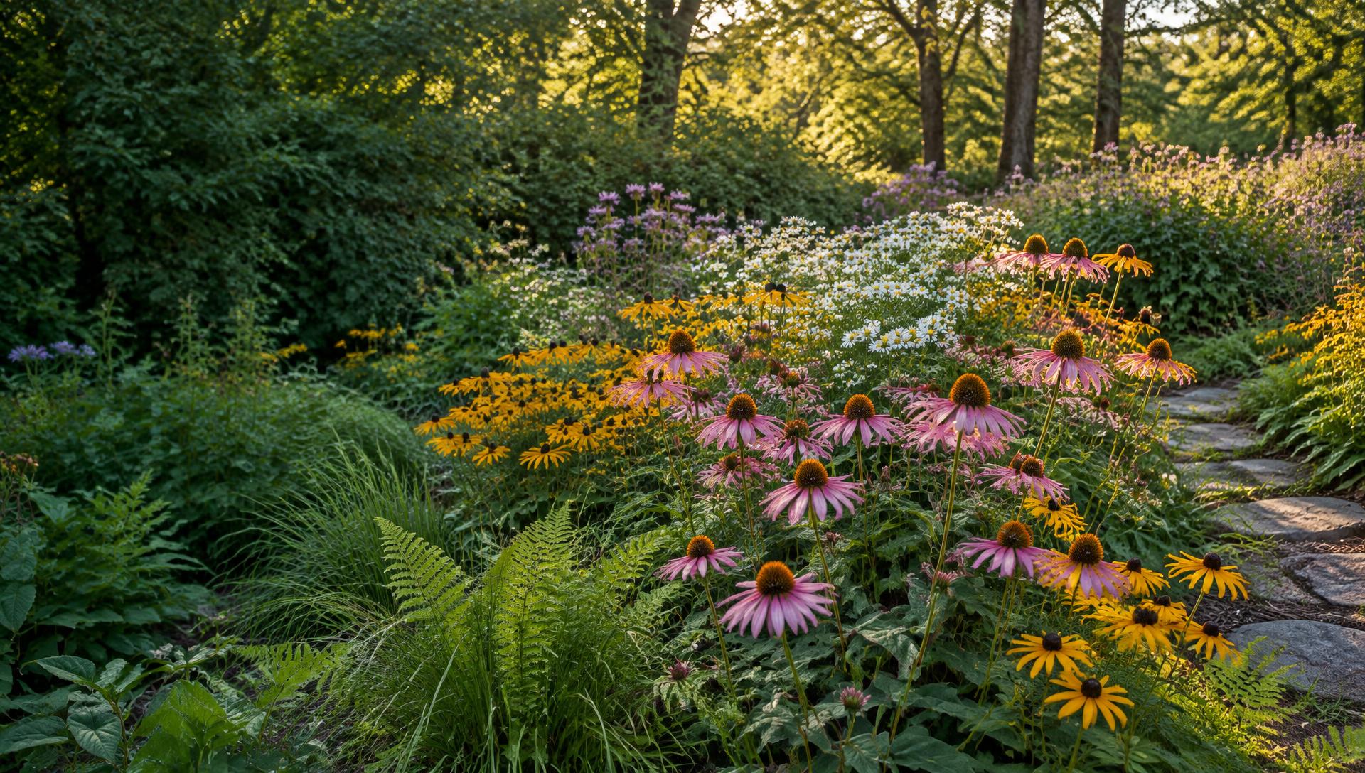 A lush native garden filled with coneflowers, golden blooms, and a winding stone path