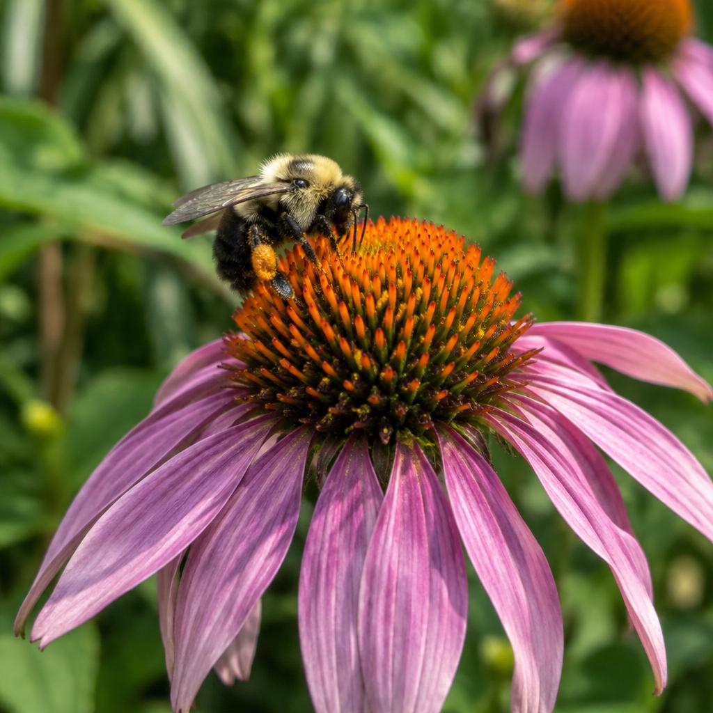 A bumblebee collecting pollen from a coneflower